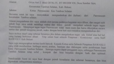 Ketua Panwascam Tambun Selatan Mendadak Mengundurkan Diri, Ini Alasannya